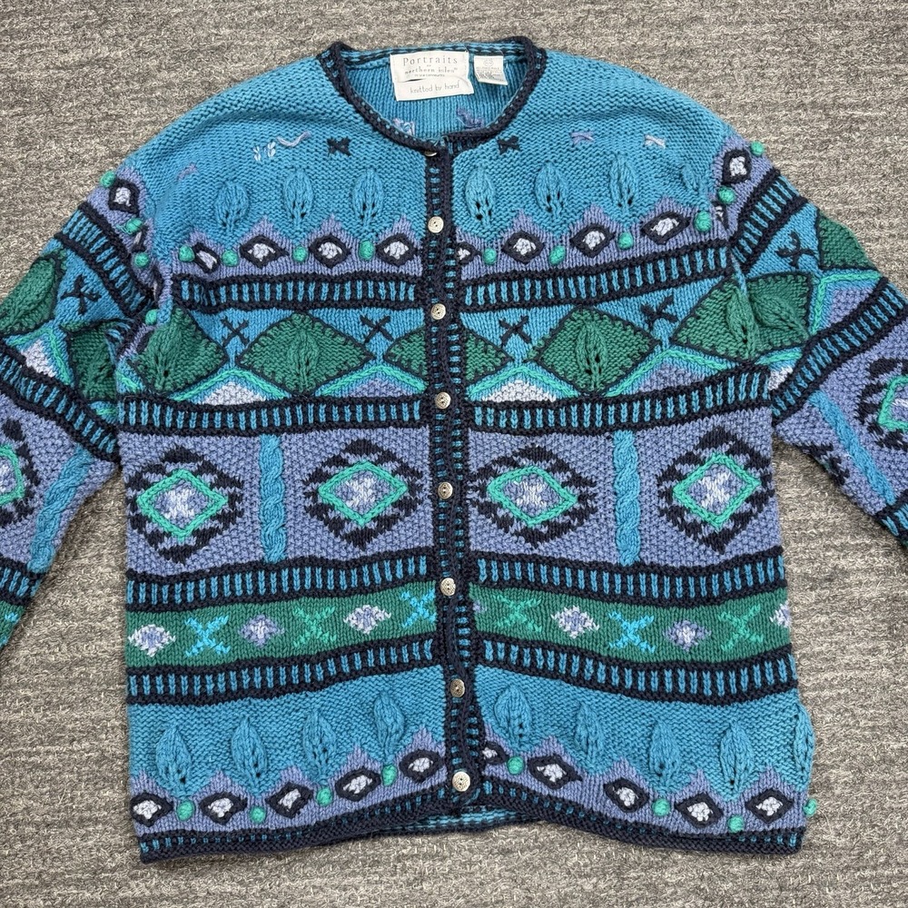 Northern Isles Sweater Women Medium Pom Pom Hand Knit Geometric Cardigan Cotton